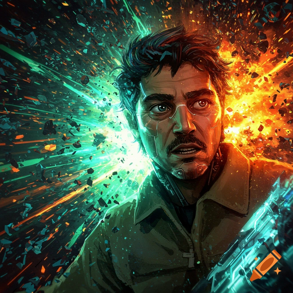 A stylized digital art portrait of a man with cybernetic facial lines, looking distressed amidst a vibrant explosion of green and orange energy and debris.