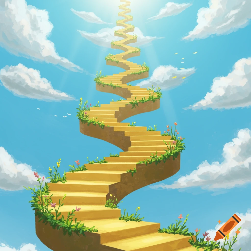 A winding golden staircase adorned with small plants and flowers ascends into a bright blue sky filled with white clouds and sunlight, in a whimsical art style.