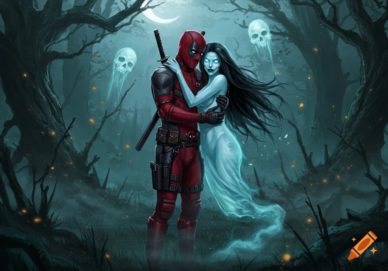 Deadpool embraces a ghostly woman, Lady Death, in a dark, moonlit forest with floating skulls, digital illustration.