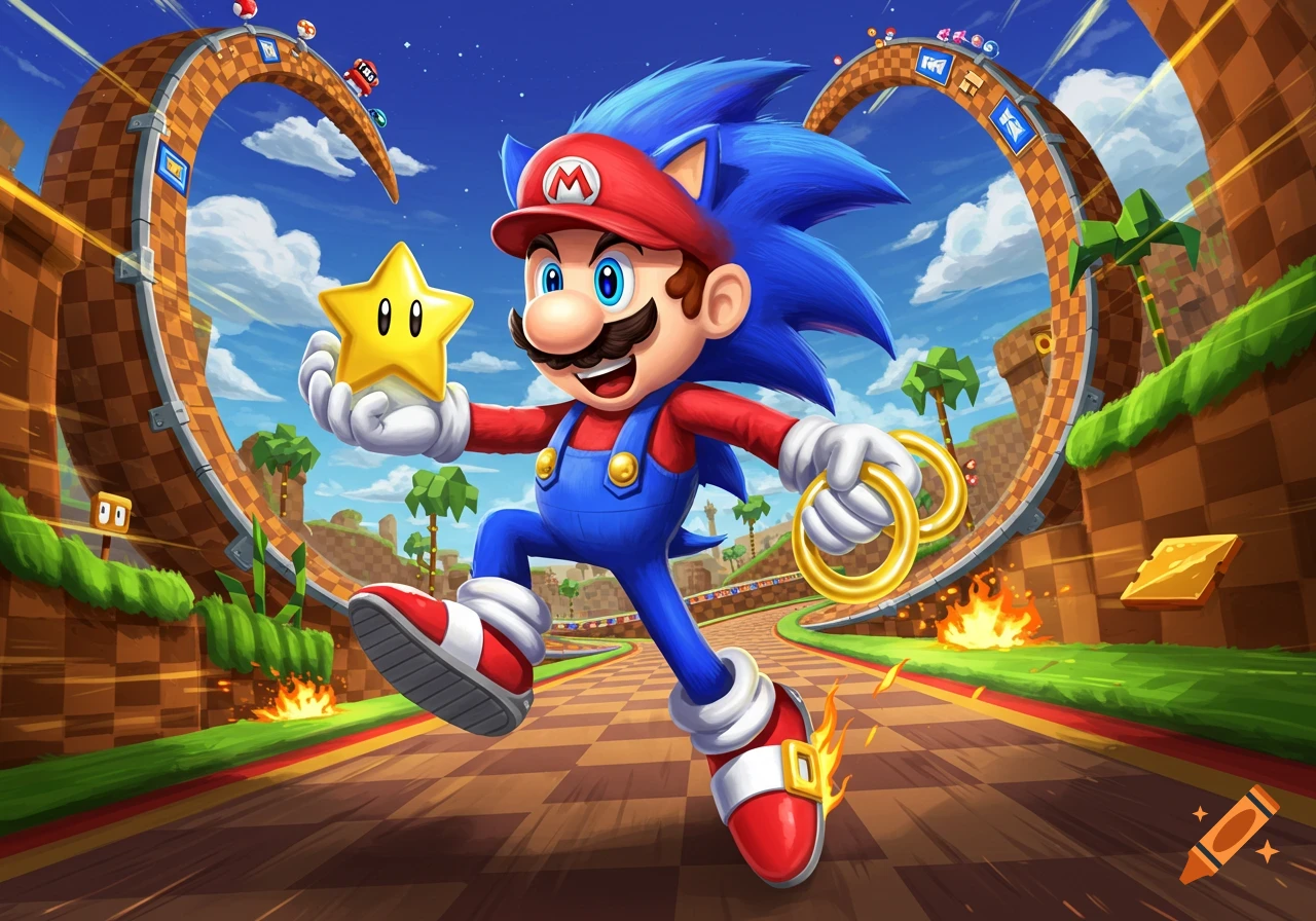 A cheerful Mario-Sonic fusion character runs on a checkered track, holding a Super Star and golden rings, with loops in a vibrant landscape.
