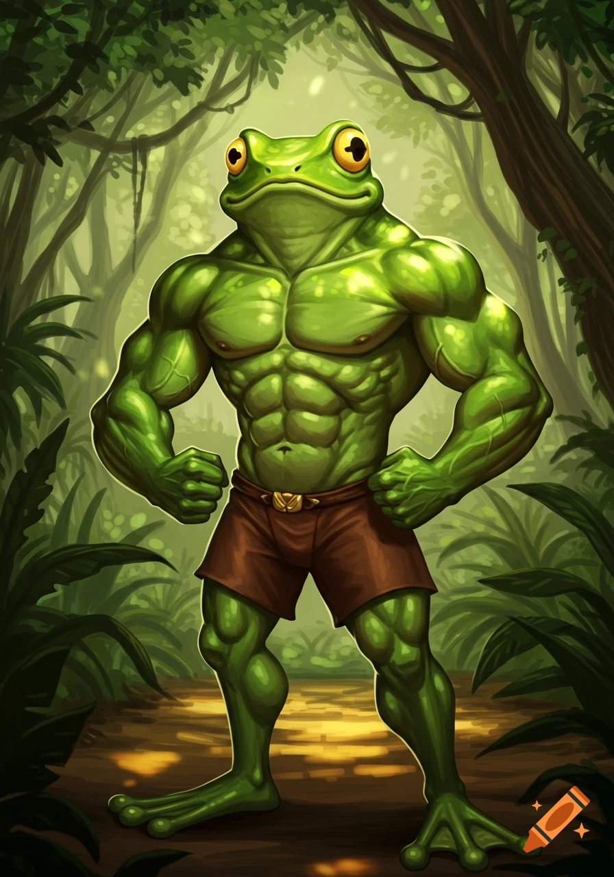 A muscular green frog wearing brown shorts flexes its muscles while standing in a lush jungle, depicted in a vibrant cartoon style.