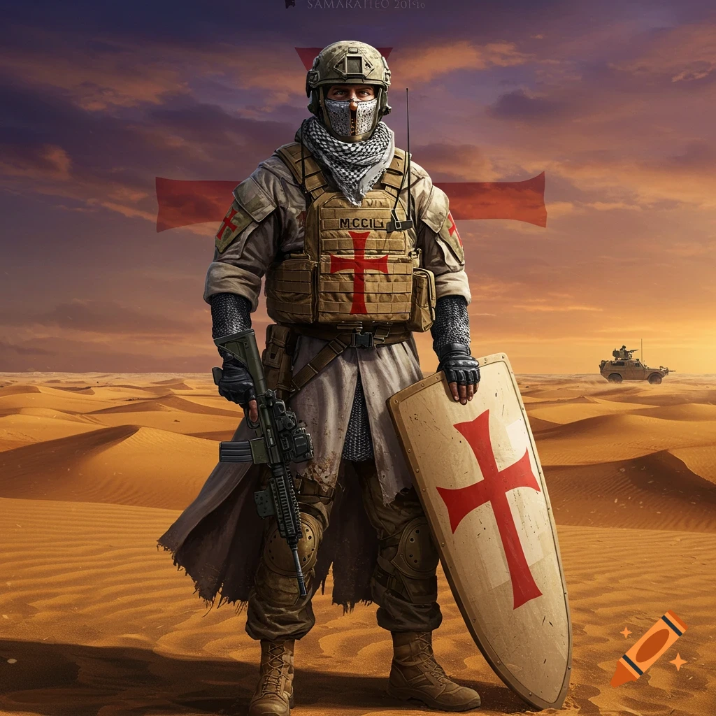 Photorealistic painting of a modern crusader soldier in a desert at sunset, holding a rifle and a shield with a red cross.