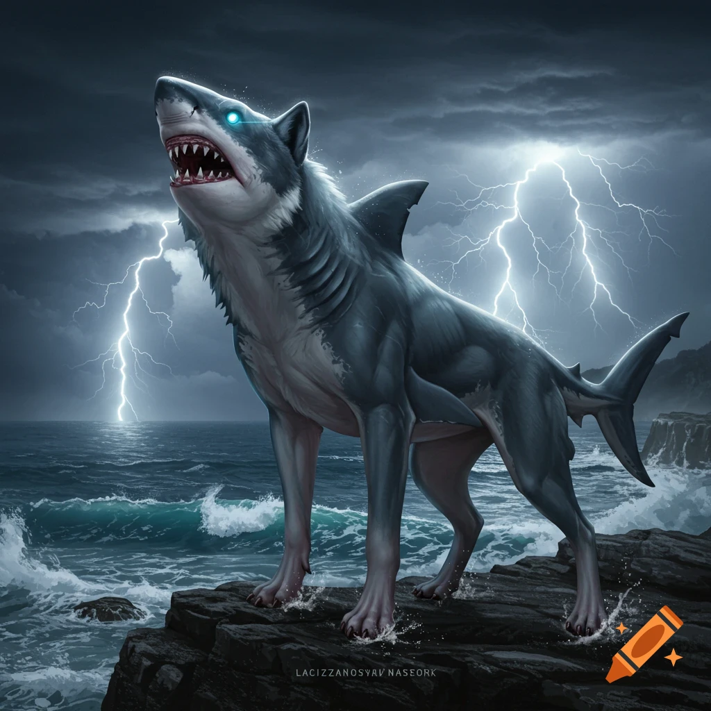 A fierce wolf-shark hybrid creature stands on dark rocks by a stormy ocean with lightning striking in the background.