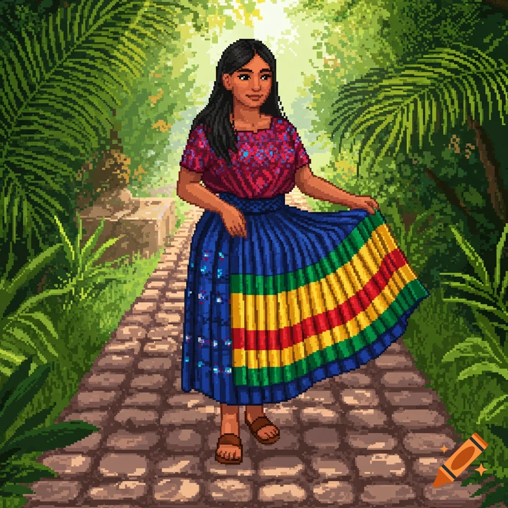 Pixel art of a woman in a traditional Guatemalan huipil and striped accordion skirt, standing on a stone path in a lush jungle.
