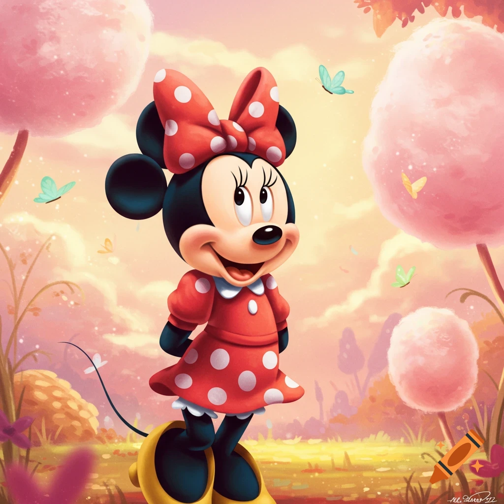 Minnie Mouse in a red polka dot dress, smiling in a vibrant, whimsical landscape with pink cotton candy trees and butterflies.