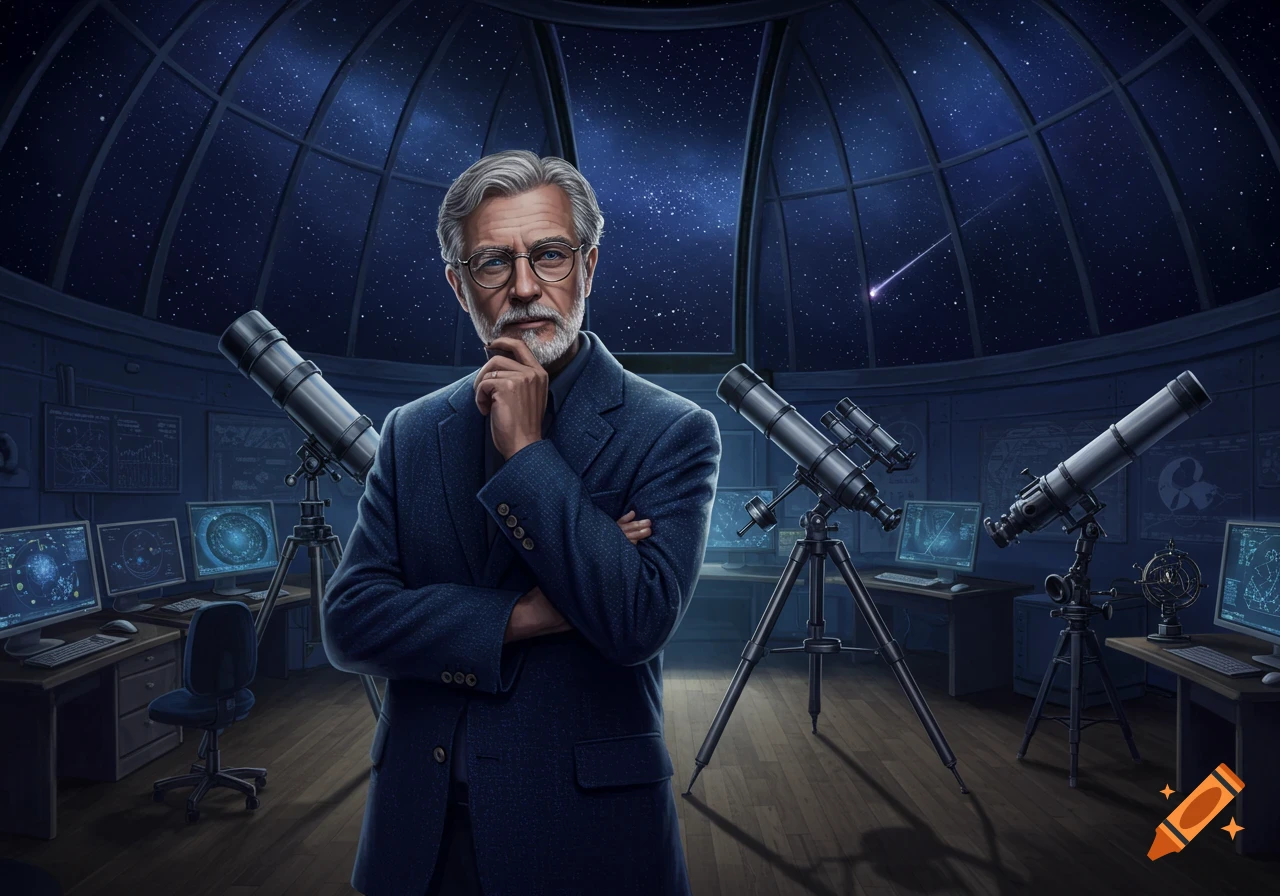 A middle-aged astronomist with grey hair and a beard stands thoughtfully in a high-tech observatory, surrounded by telescopes and computer monitors displaying star charts, with a vast starry sky visible through the dome.