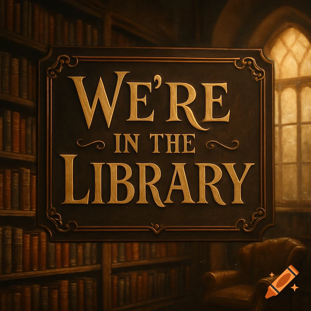 A decorative sign with golden letters reads "WE'RE IN THE LIBRARY" against a dark, warm-toned background of bookshelves and a window.