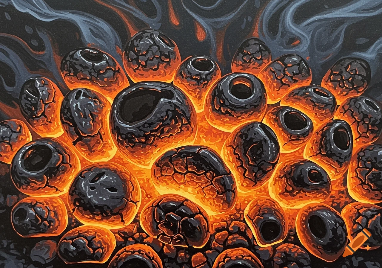 Glowing ceramic embers with cracked surfaces, rendered in a screen print style, emitting smoke.