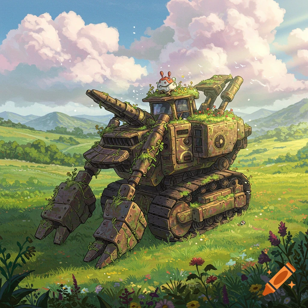 An old, overgrown tank-like robot with a small creature on top sits in a vibrant green field under a cloudy sky, in Studio Ghibli style.