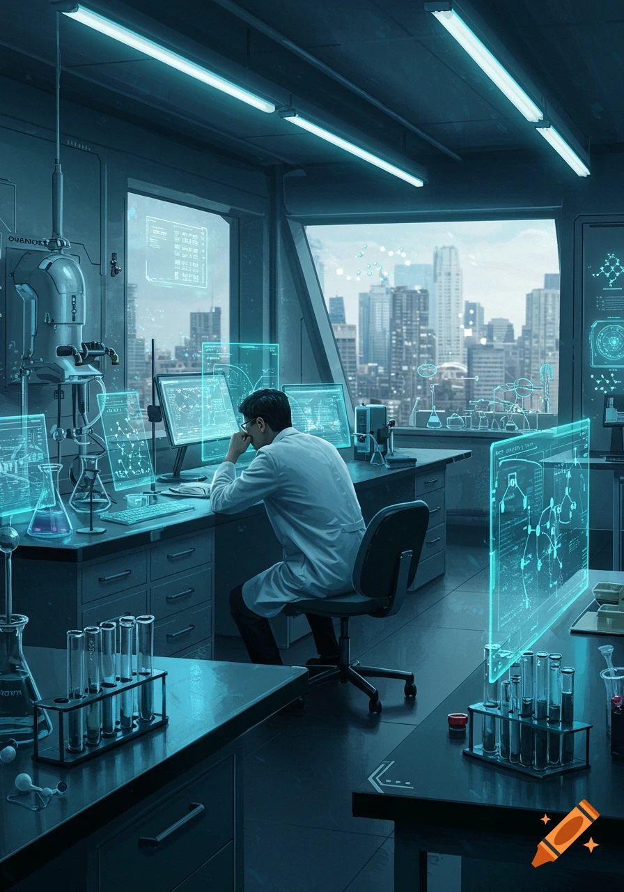A scientist in a white lab coat sits at a desk in a futuristic laboratory overlooking a city, surrounded by glowing blue holographic displays and scientific equipment.