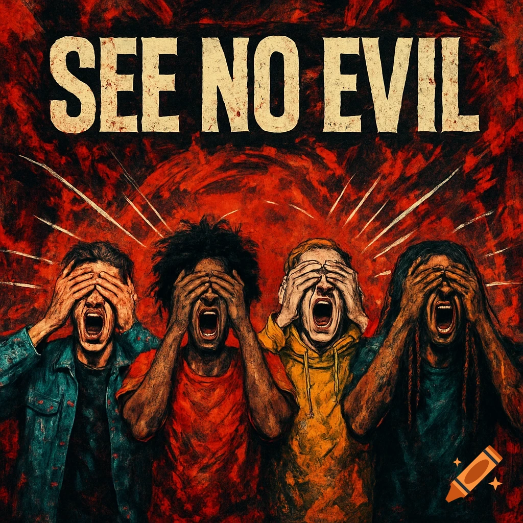 Four diverse people scream with hands over their eyes, against a chaotic red background, with 'SEE NO EVIL' text above. Stylized, intense art.