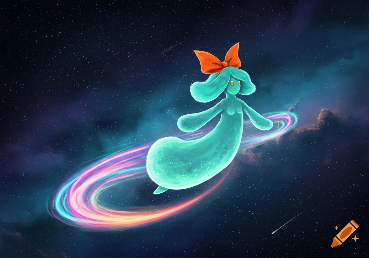 A cartoonish, glowing teal comet character with an orange bow and a multi-colored aura floats through a dark cosmic space.