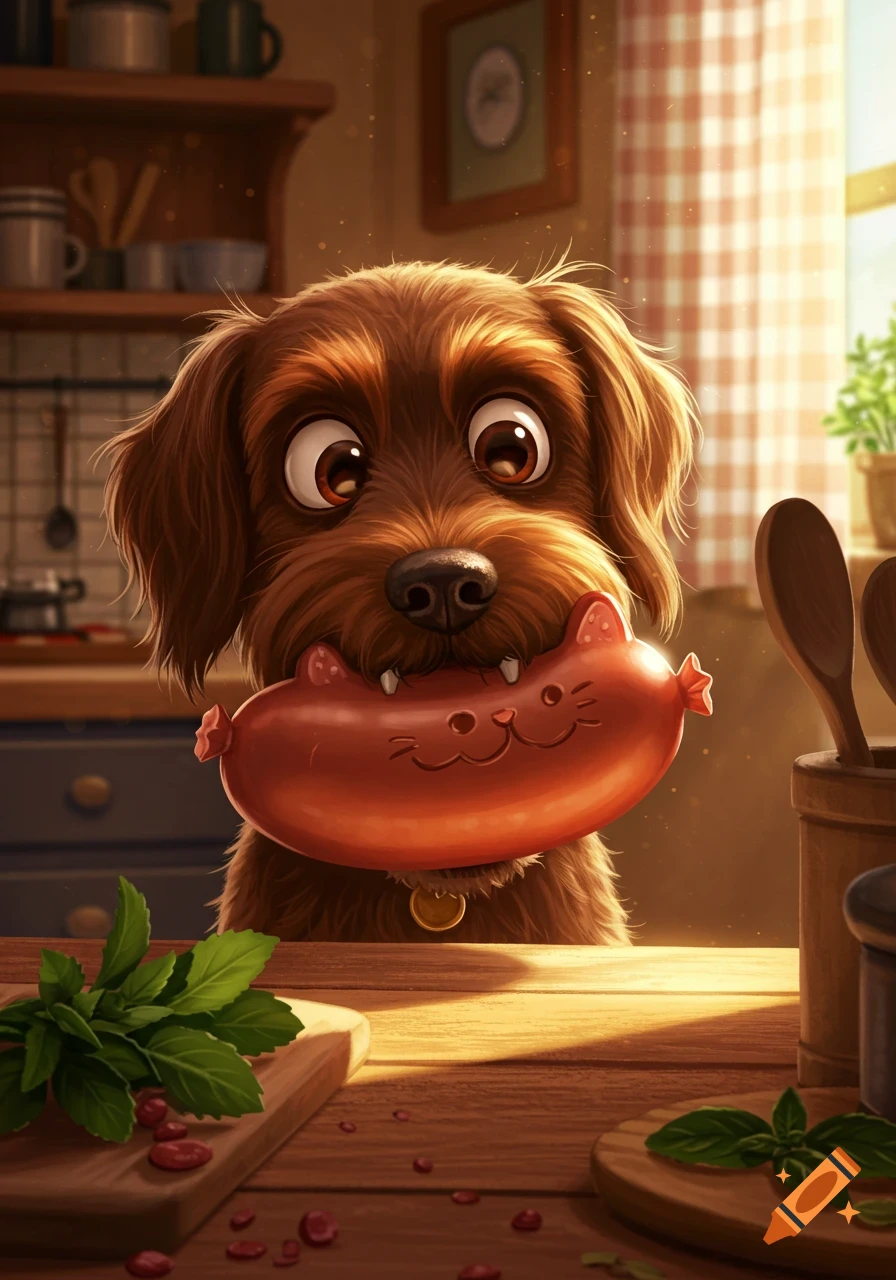 A cute, fluffy brown dog with wide eyes holds a smiling, cartoon cat-shaped sausage in its mouth, in a sunny kitchen.