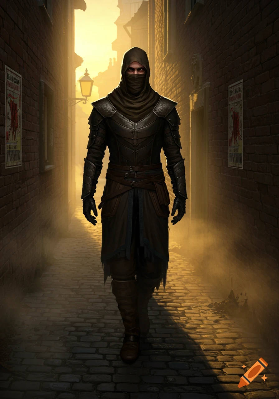 A figure in dark leather armor with a hooded and masked face walks through a foggy, sunlit cobblestone alley.