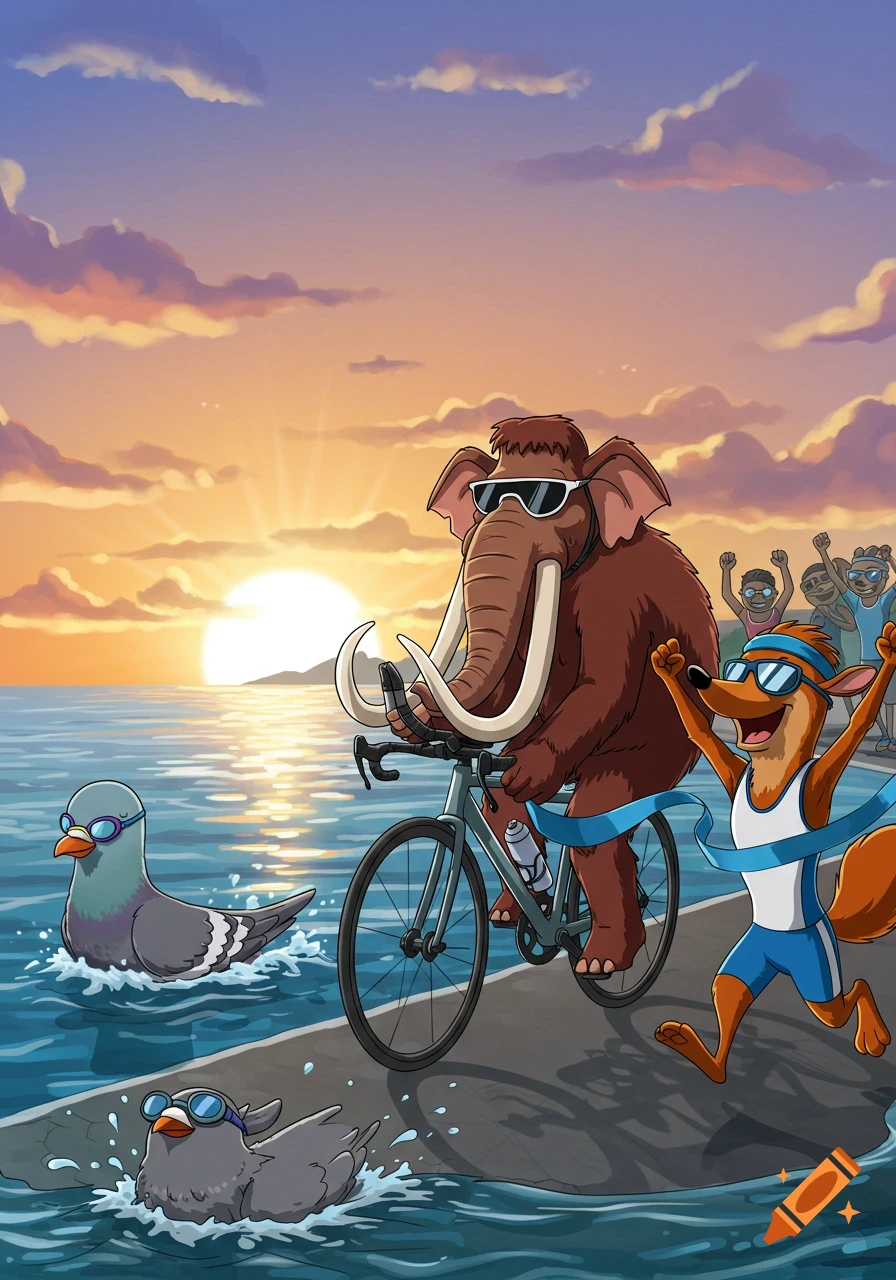 Cartoon animals compete in a triathlon at sunset: a mammoth bikes, a bandicoot runs through a finish line, and pigeons swim in the ocean.