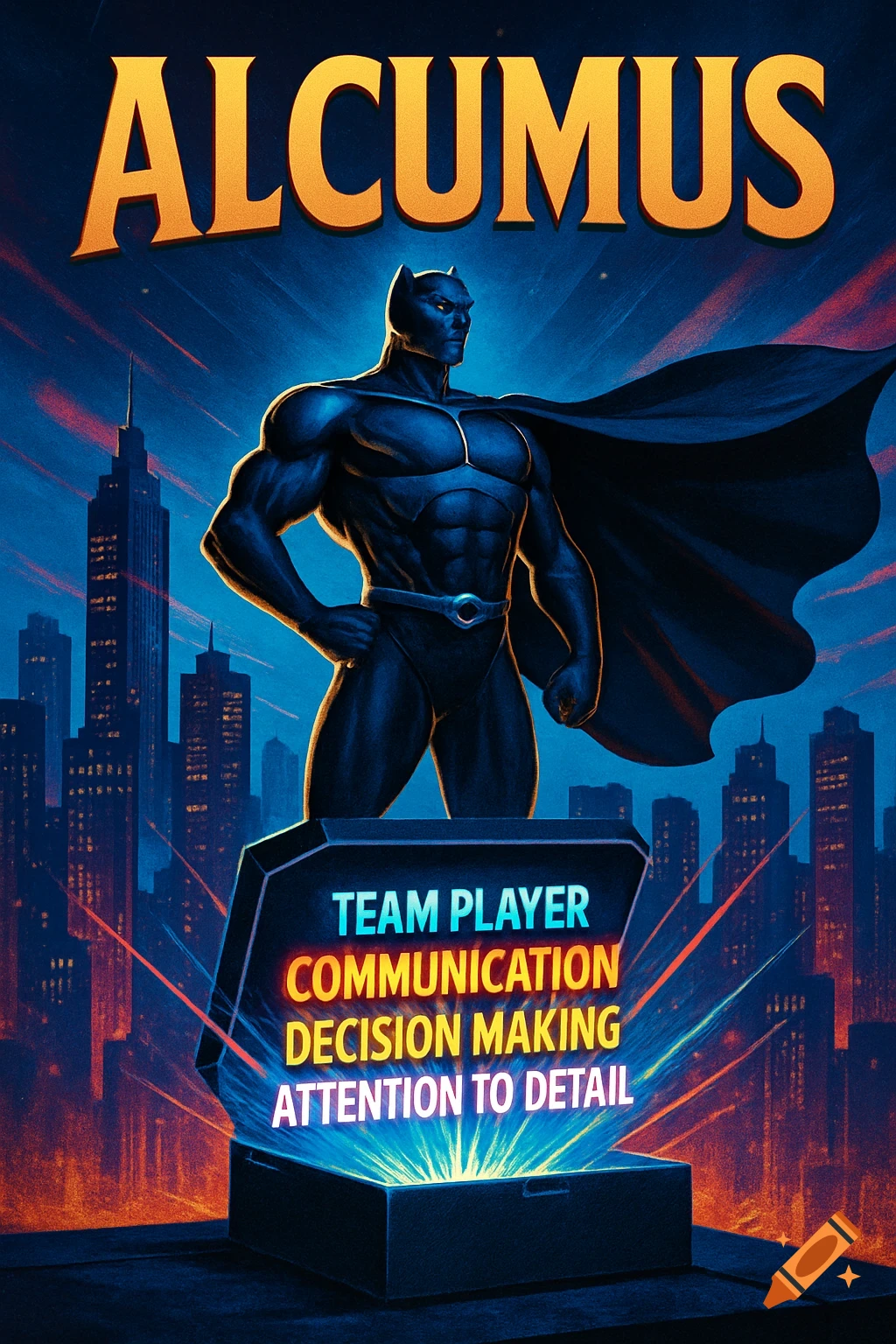 A Black Panther-like superhero stands heroically against a blue cityscape, with 'ALCUMUS' at the top and a glowing box listing skills.