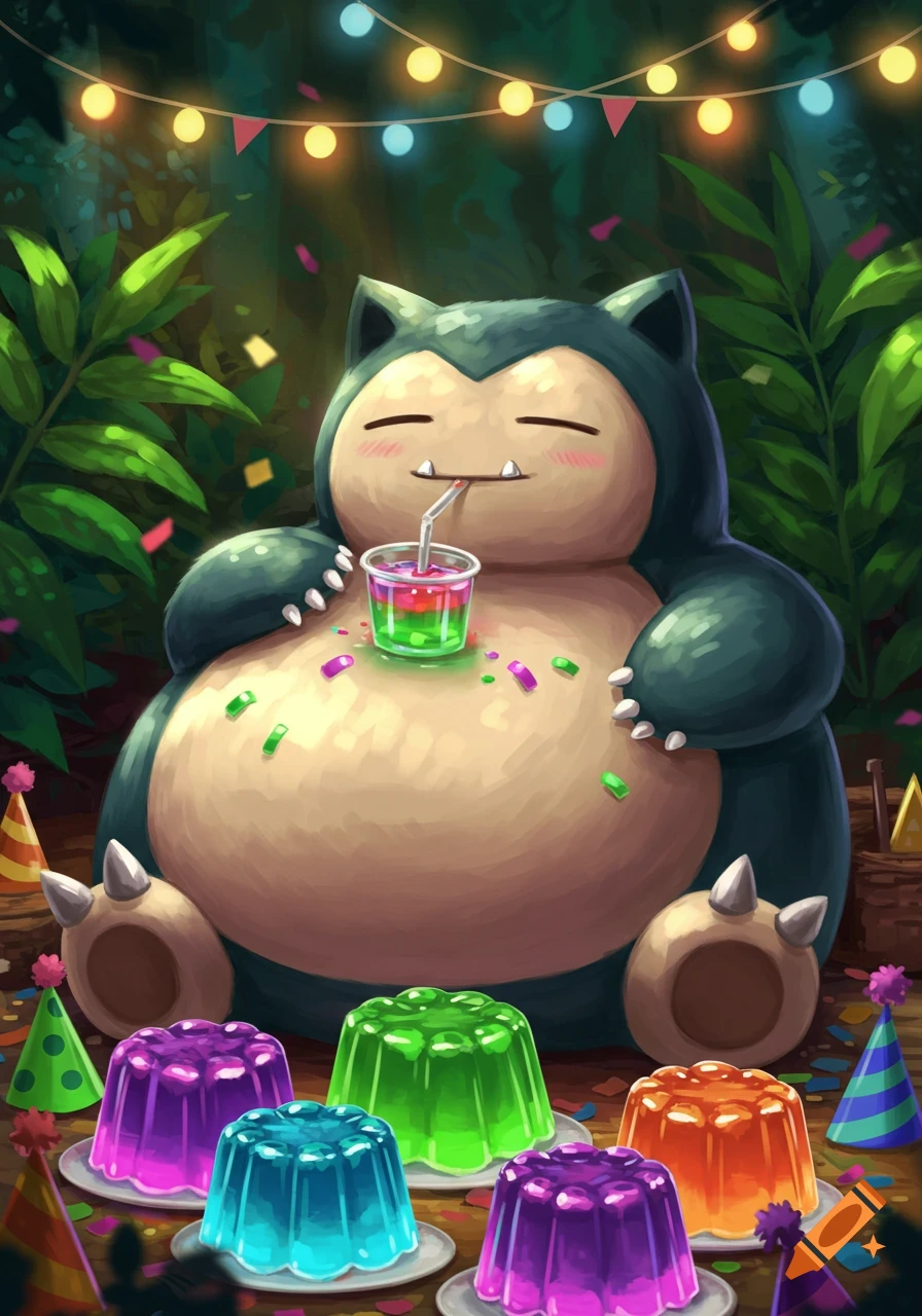 Cartoon Snorlax happily drinking a layered beverage, surrounded by colorful jelly desserts and confetti in a forest party scene with string lights.