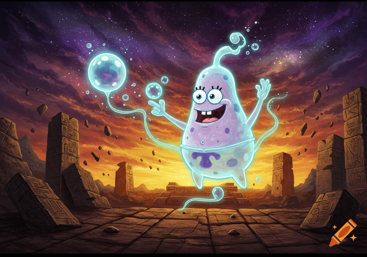 Cartoon character Bubble Buddy floats above ancient ruins under a cosmic sky, holding glowing bubbles, in an anime art style.