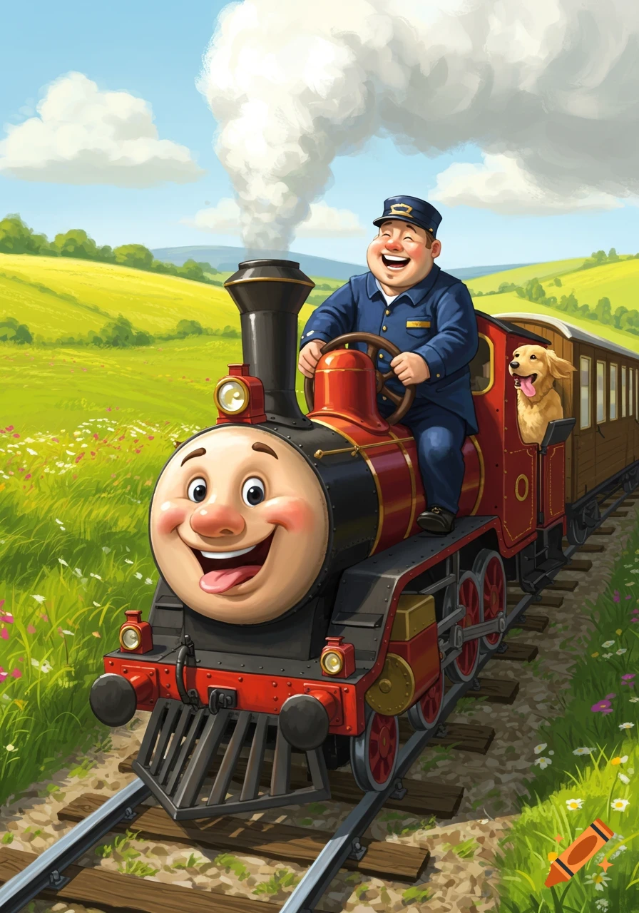 Cheerful cartoon train with a smiling face driven by a happy conductor and a golden retriever dog, traveling through green fields.
