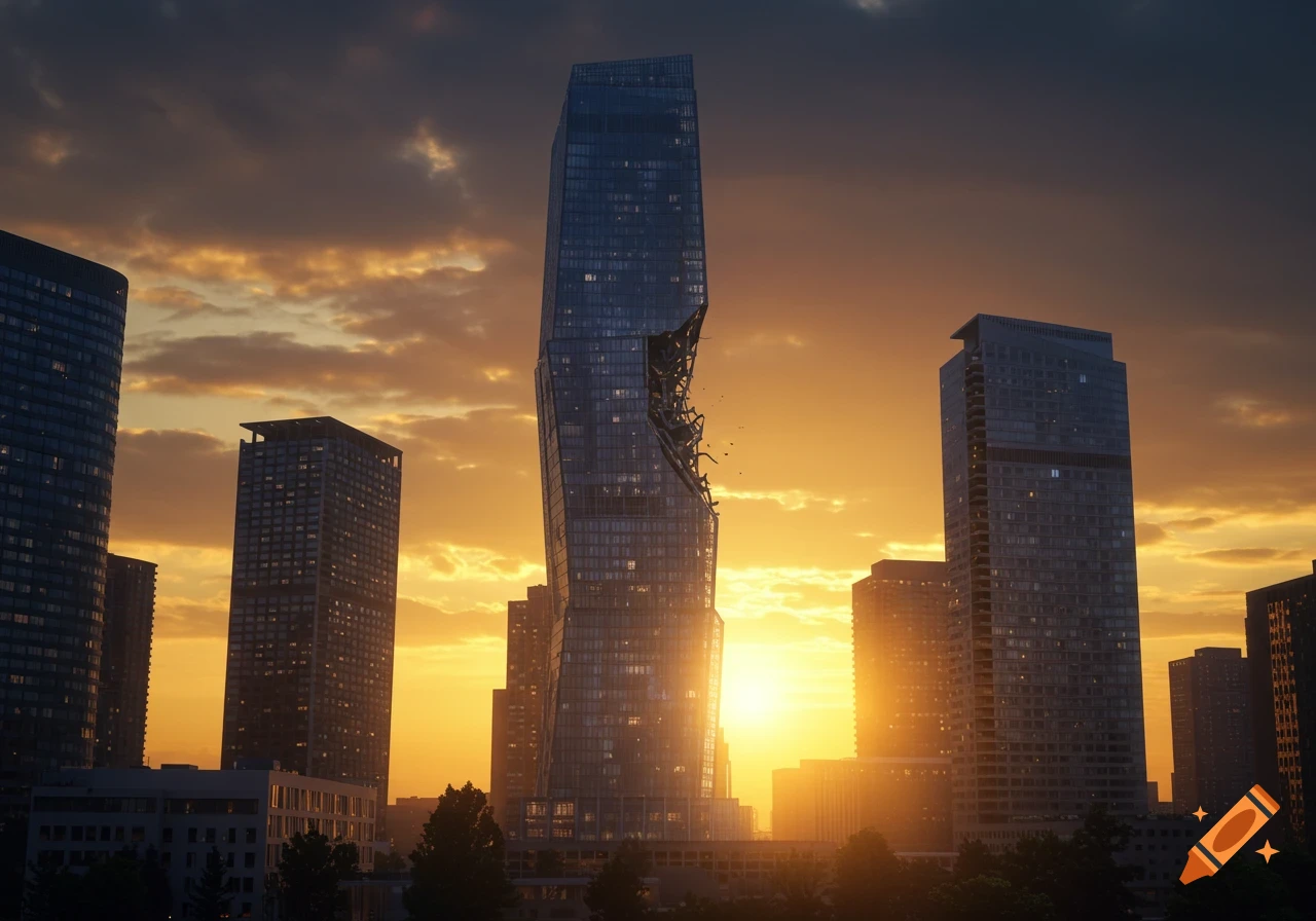 Photorealistic city skyline at golden hour with a tall, damaged skyscraper leaning sideways.