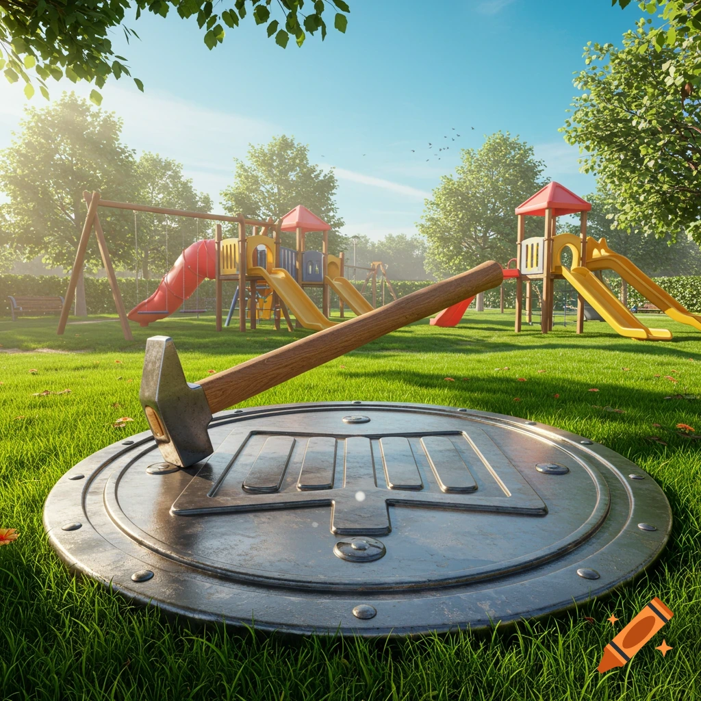 A large hammer rests on a circular metal emblem in the grass of a sunny children's playground with swings and slides.