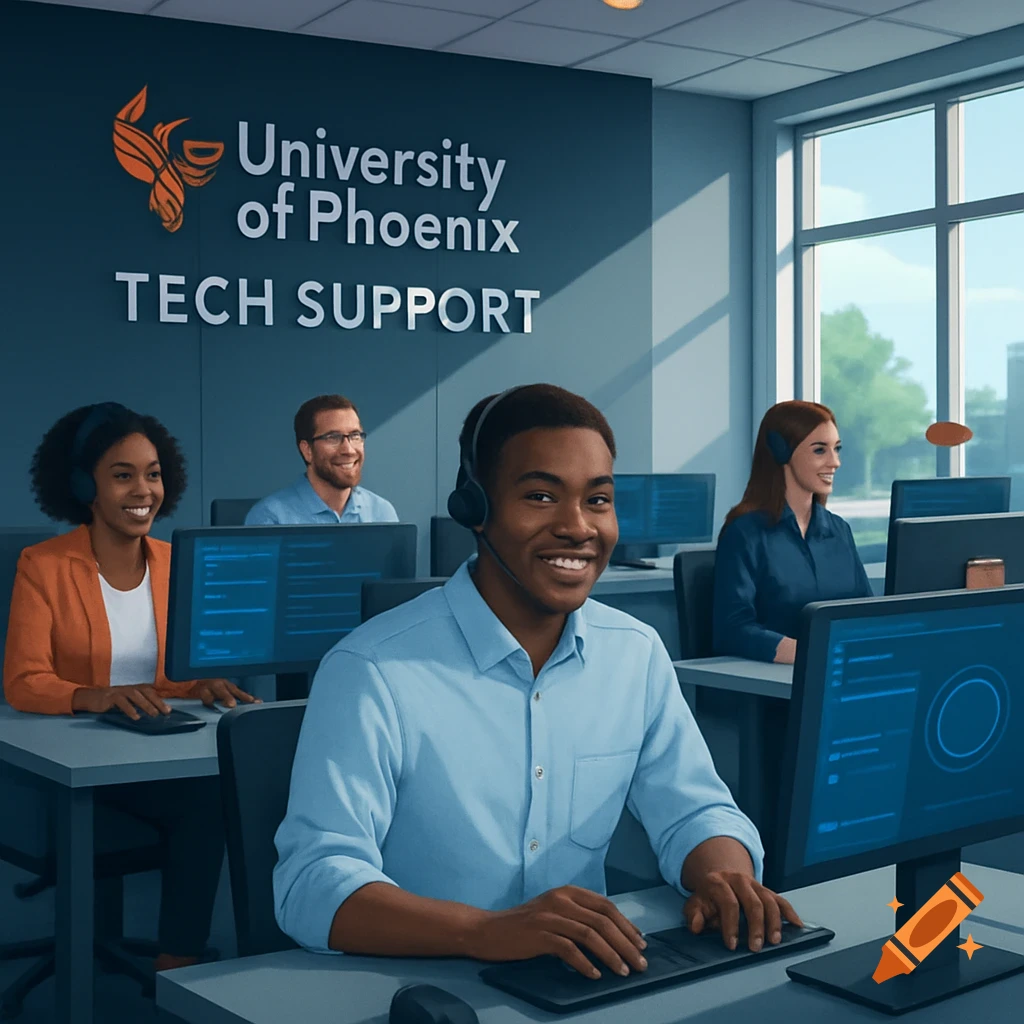 A diverse group of smiling people wearing headsets work at computers in a modern tech support office, with 'University of Phoenix TECH SUPPORT' on the wall.