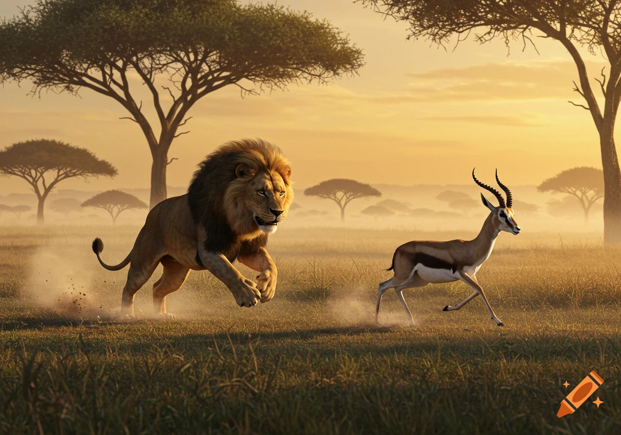 A photorealistic image of a lion chasing a gazelle through a dusty savanna at sunrise.