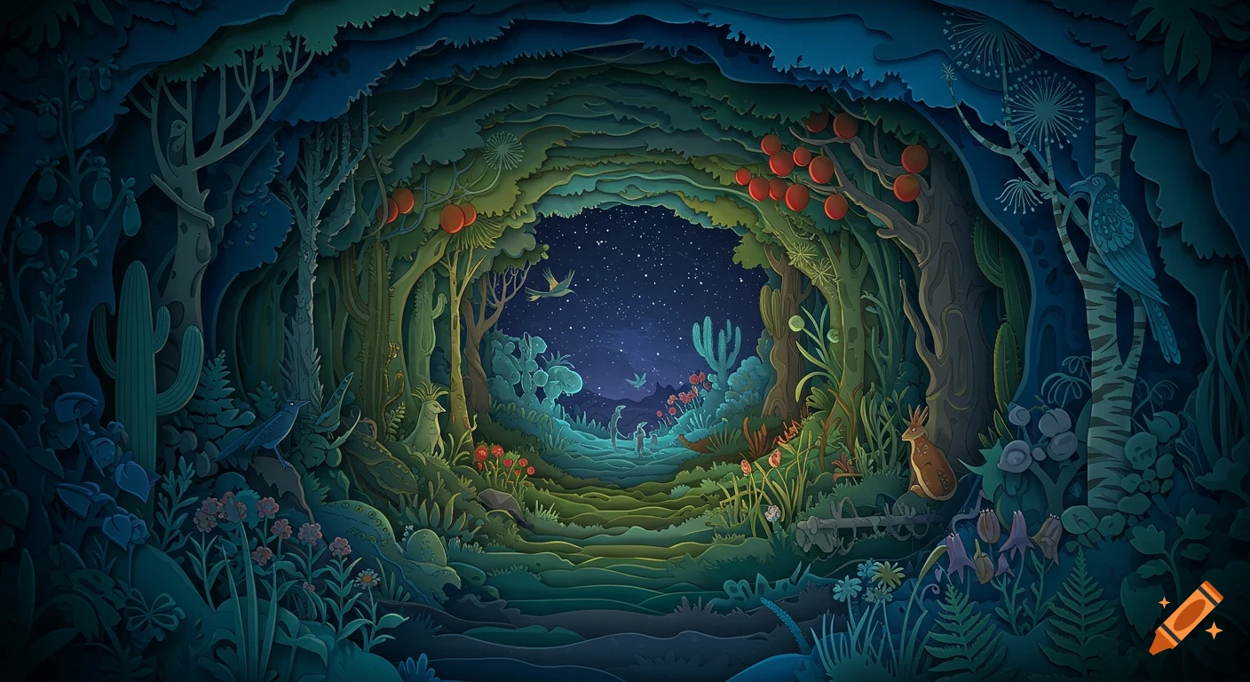 Layered paper-cut surreal forest at night with stars, trees, cacti, wildflowers, birds, and small creatures in shades of green and blue.