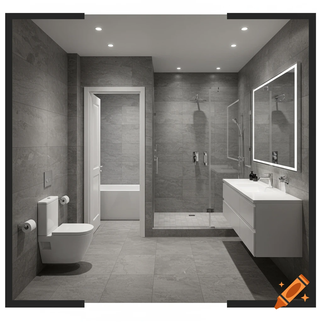 Modern grey bathroom with floating vanity, toilet, glass shower, and a tub visible through the doorway.