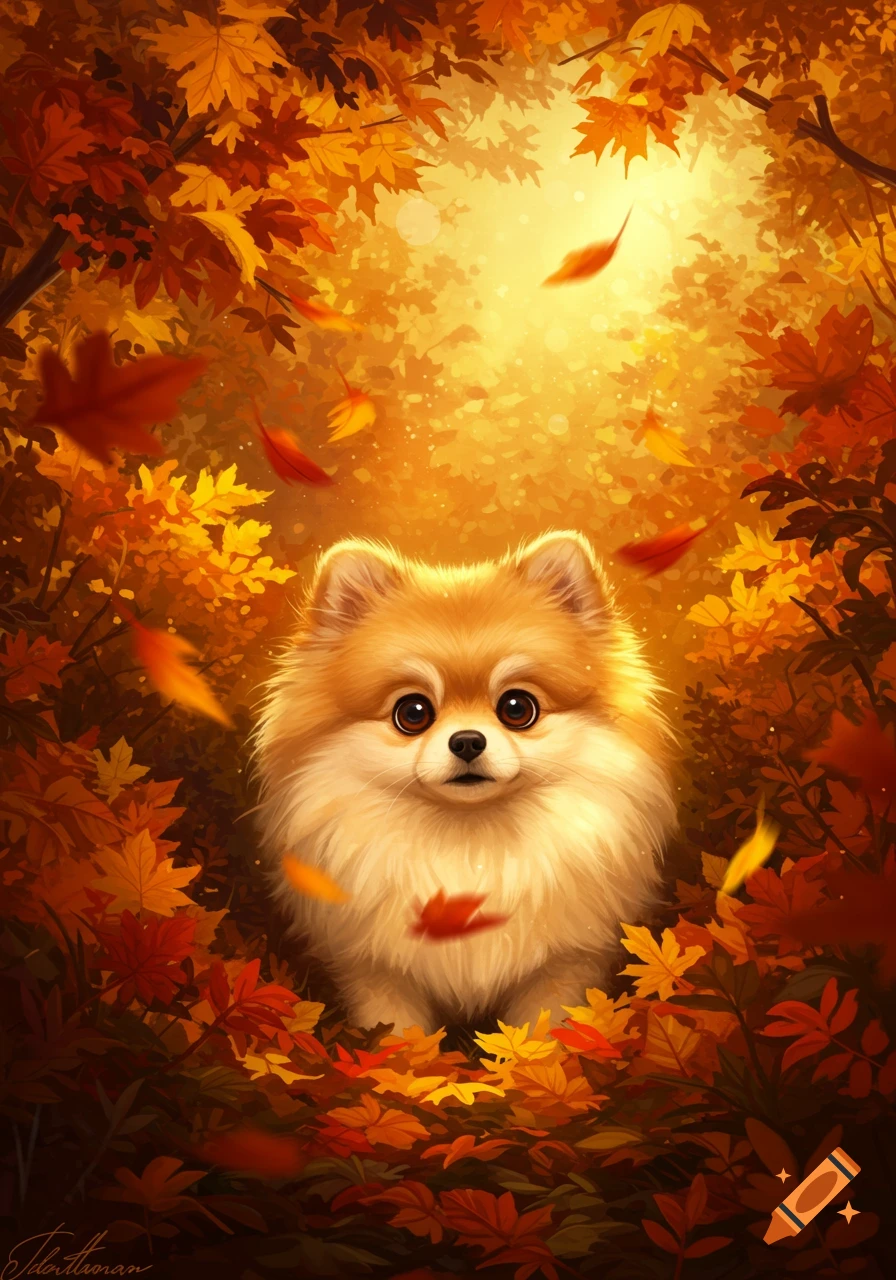 A cute fluffy Pomeranian dog with big eyes sits in a vibrant autumn forest with orange and yellow leaves falling, stylized digital art.