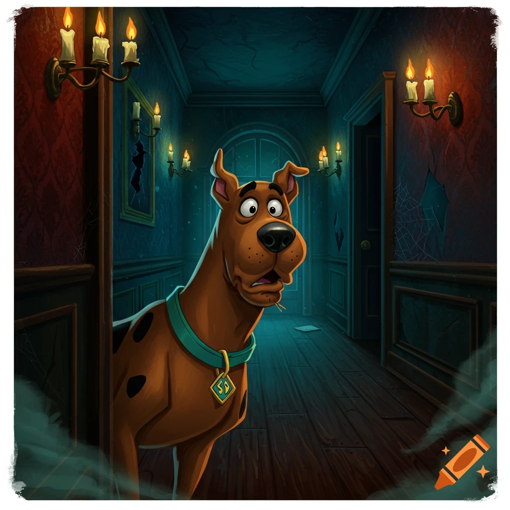 Scooby Doo peeks nervously from a dark, candlelit hallway with red wallpaper and broken picture frames in a cartoon style.