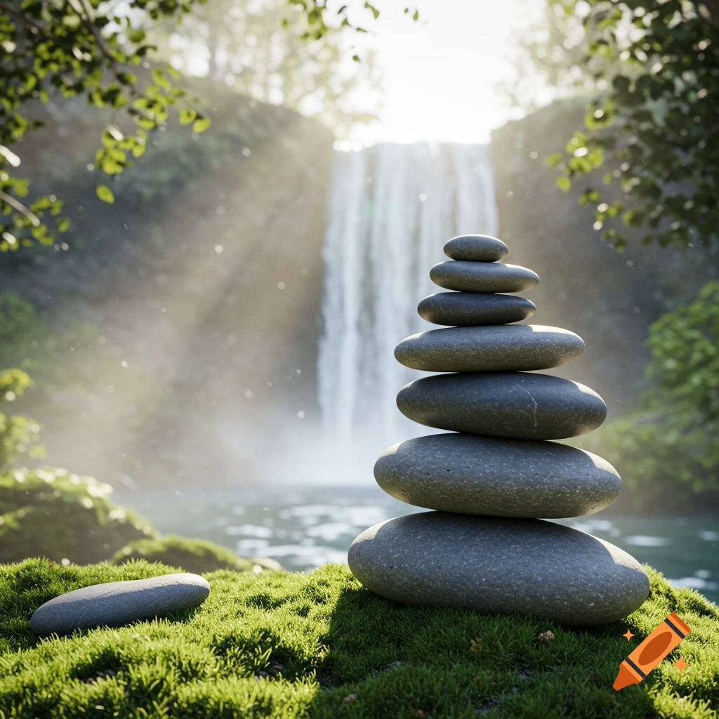 A stack of smooth gray stones on green moss, with a misty waterfall and sun rays in the bright background.