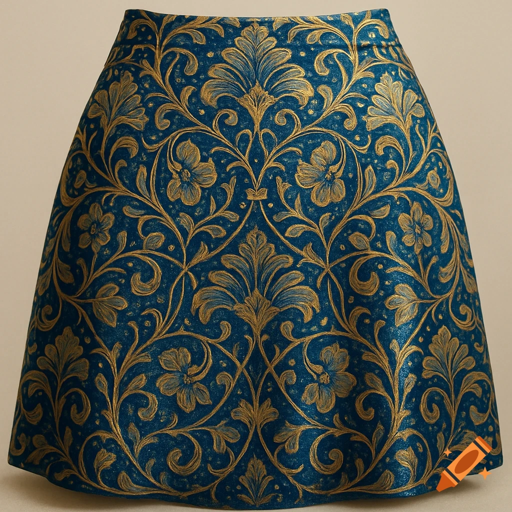 A teal skirt featuring an intricate gold floral and scrollwork pattern.