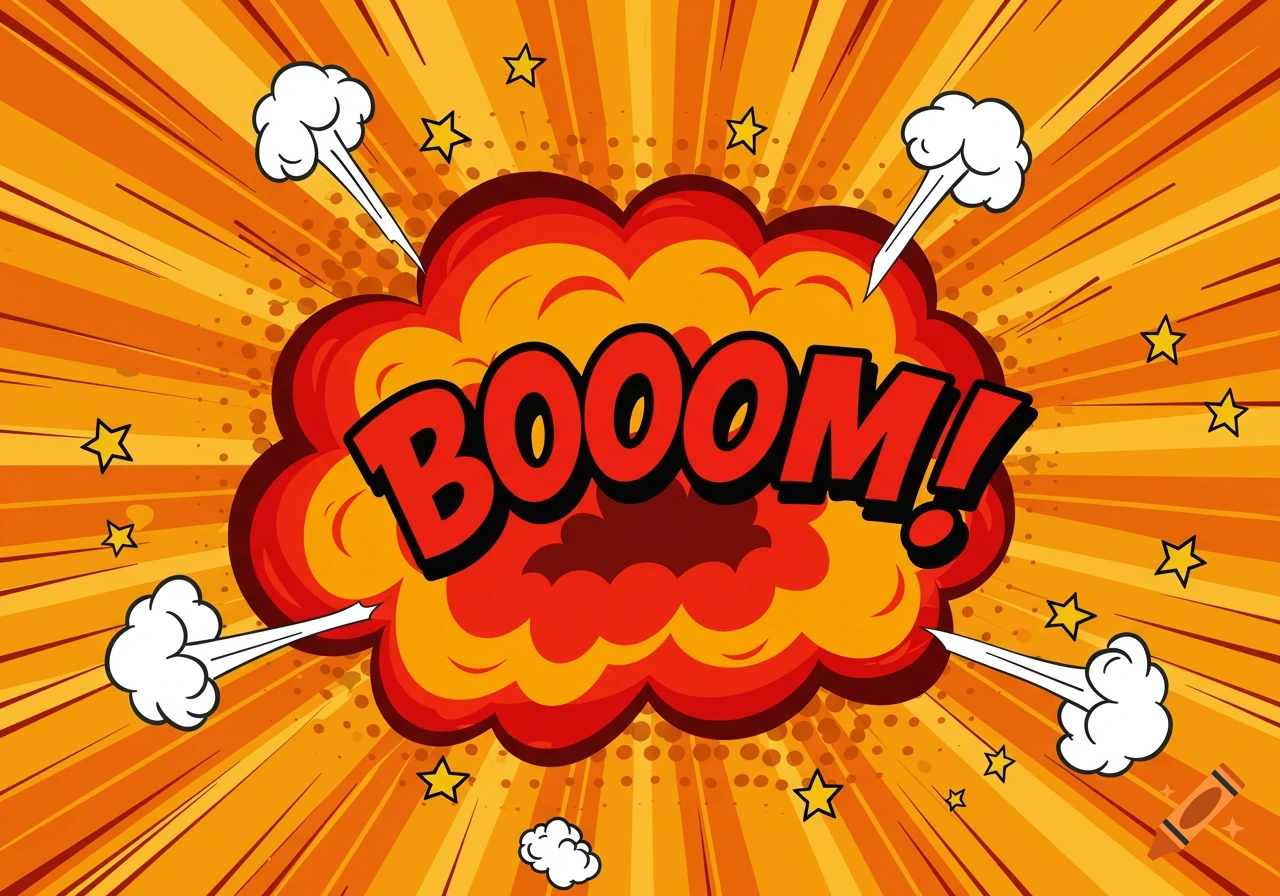 A vibrant comic book style explosion with the word 'BOOOOM!' in bold red letters, set against a radiating orange background with stars and smoke.