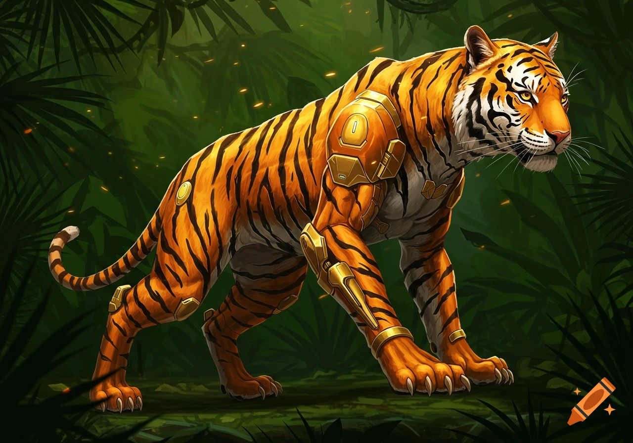 A majestic cybernetic tiger with orange and black stripes and golden armor walks through a lush green jungle.