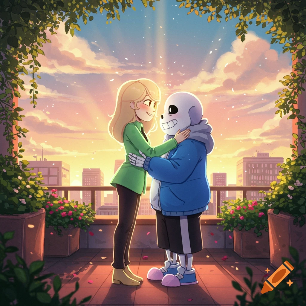 A blonde woman hugs a skeleton character on a rooftop at sunset, in an anime style.