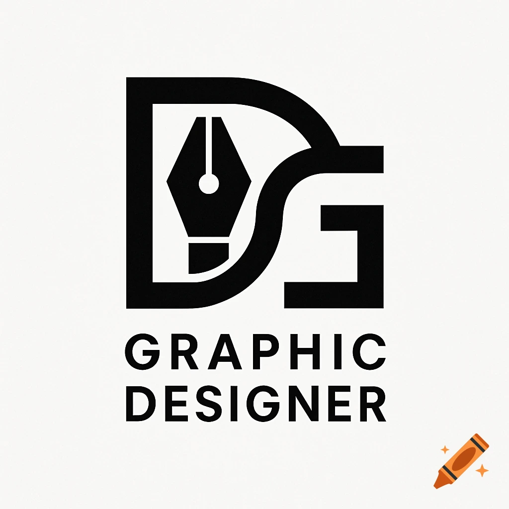 Minimalist black and white logo featuring the initials 'DG' integrated with a pen nib, above the text 'GRAPHIC DESIGNER'.