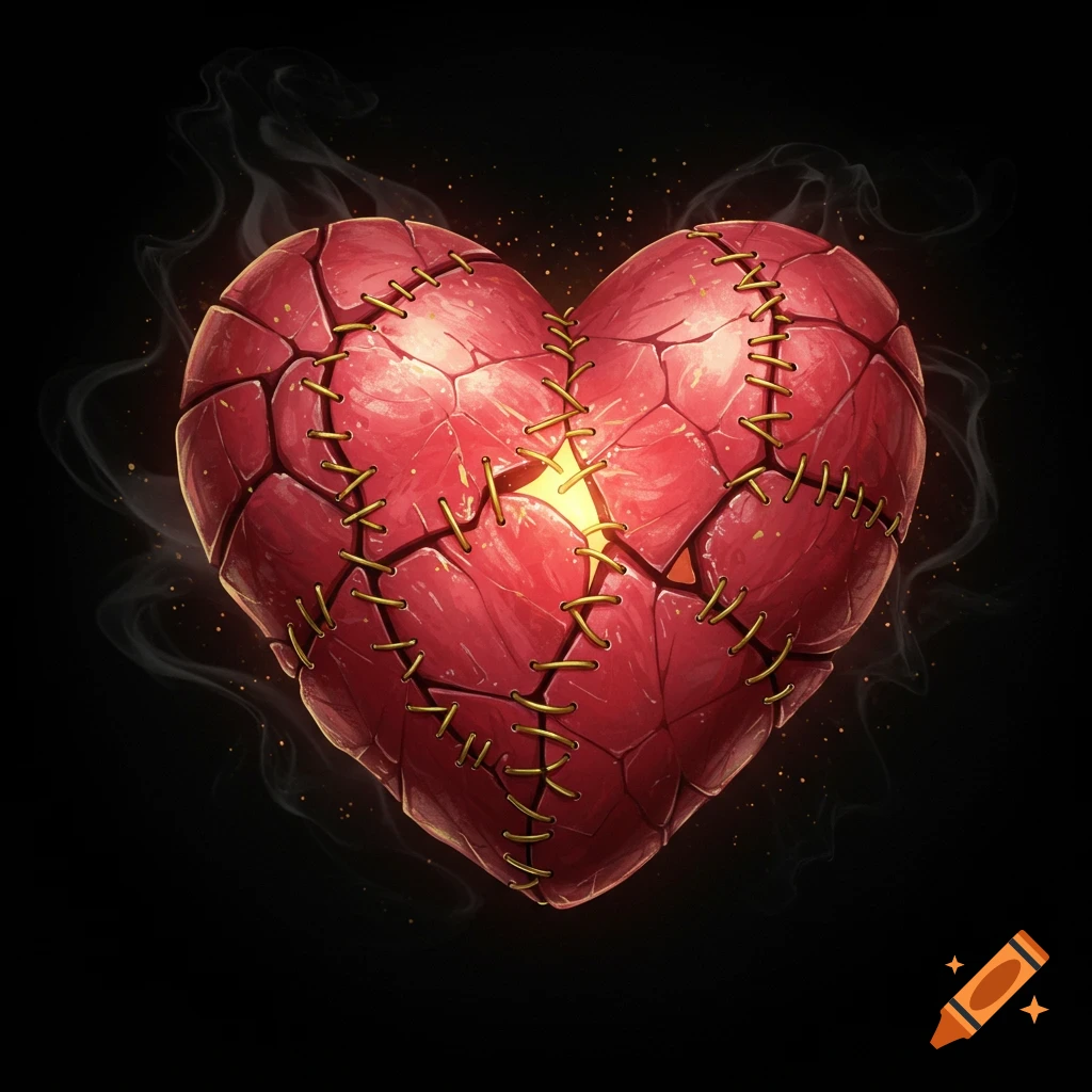 A stylized red heart, cracked and stitched with golden thread, glowing from within with wisps of smoke on a black background.