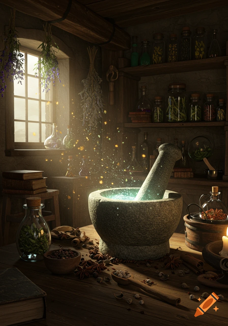 Photorealistic image of a magical alchemist's workshop with a glowing mortar and pestle, herbs, bottles, and sunlight streaming through a window.