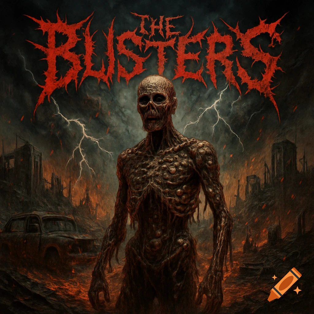 Skeletal, decaying figure in a fiery, ruined city under a stormy sky with lightning. 'THE BLISTERS' in a stylized red font.