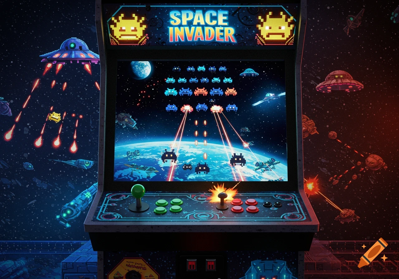 A retro Space Invader arcade cabinet showing the game screen with ...