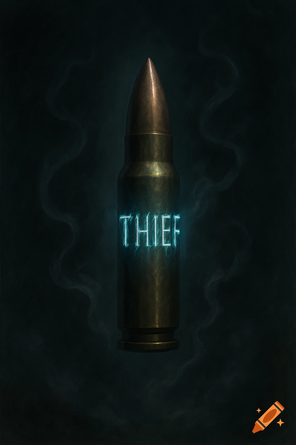 A dark, atmospheric image of a brass bullet with the word 'THIEF' glowing blue on its side, surrounded by wisps of smoke.