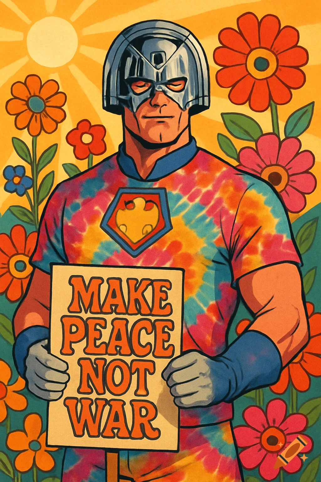 Peacemaker in a tie-dye shirt holds a 'Make Peace Not War' sign amidst 1960s-style flowers under a bright sun, comic art style.