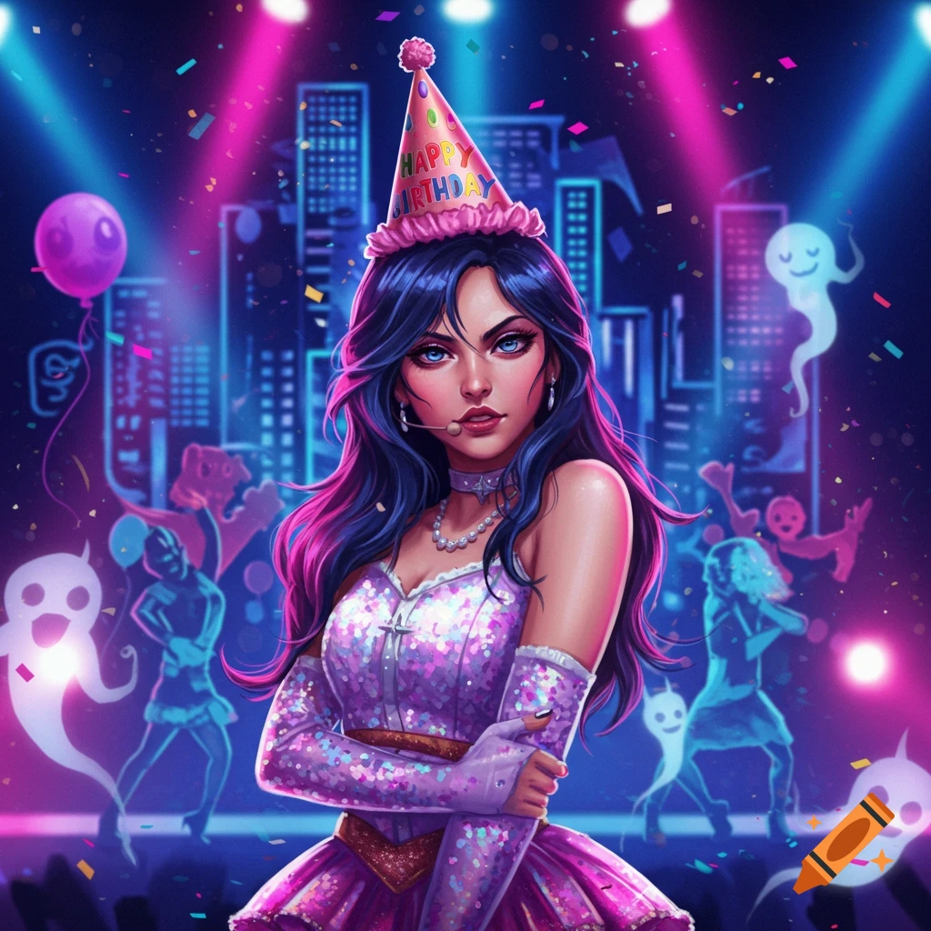 Stylized art of a woman in a sparkly purple dress and 'Happy Birthday' hat on a neon-lit stage with ghostly dancers.
