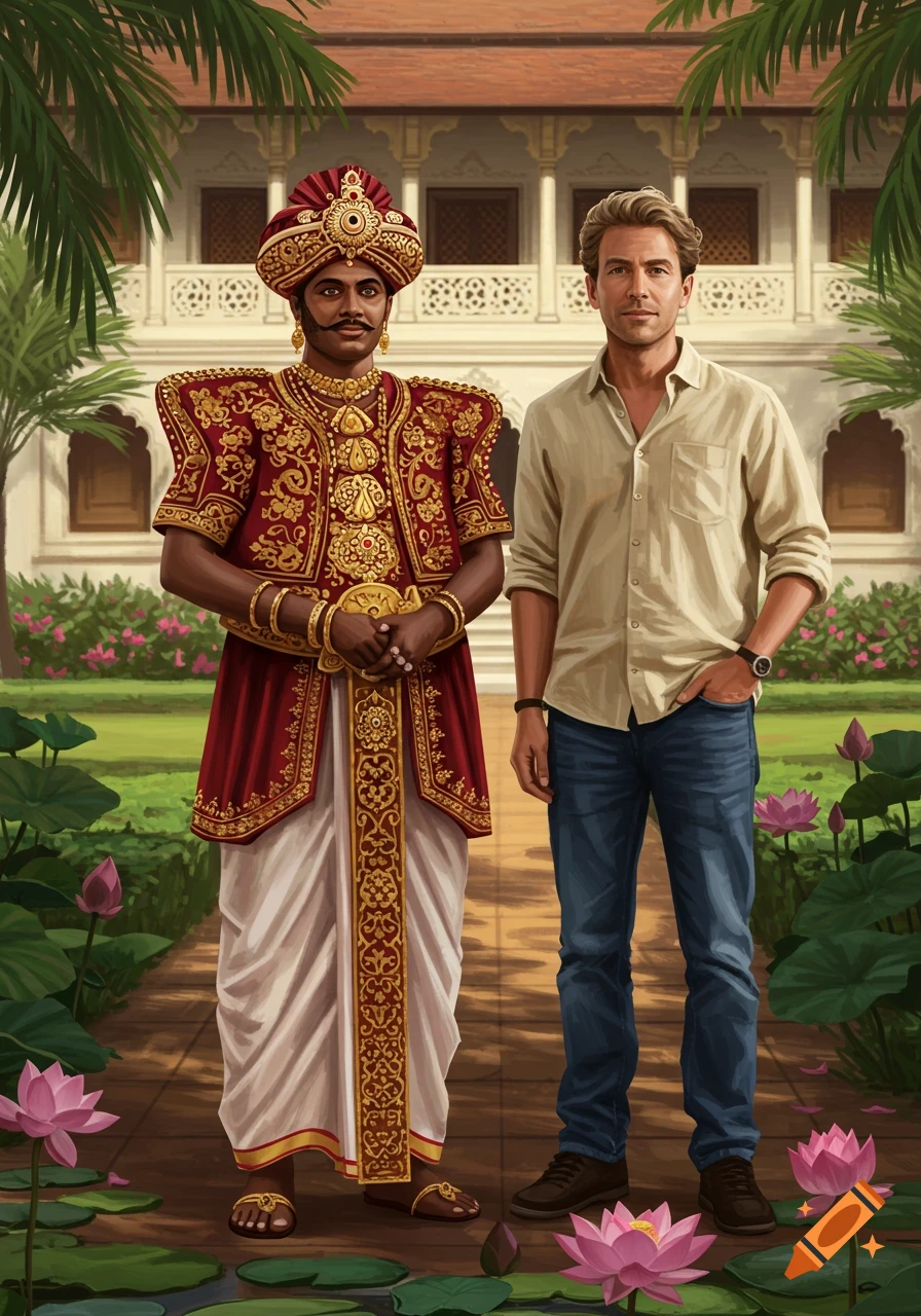 An illustration of a Sri Lankan prince in regal attire and a Western man in casual clothes in a lush tropical garden with an ornate building.