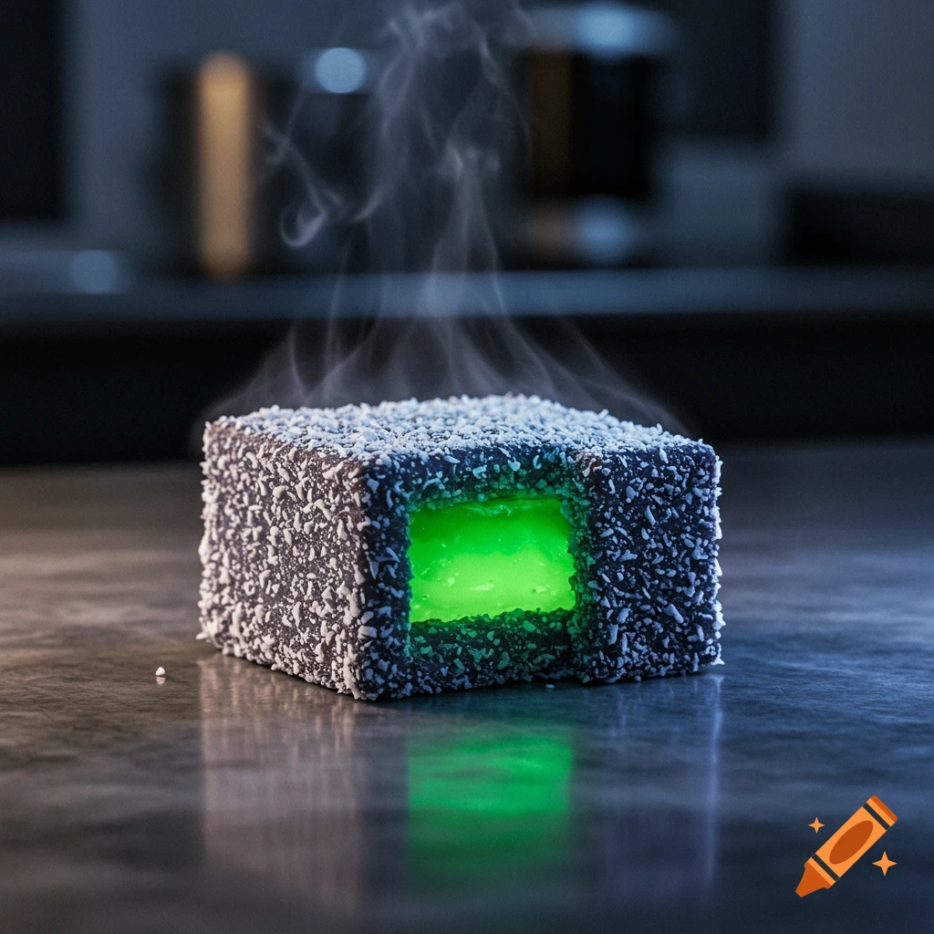 A futuristic lamington-like dessert with a glowing green center and steam, on a dark reflective surface.
