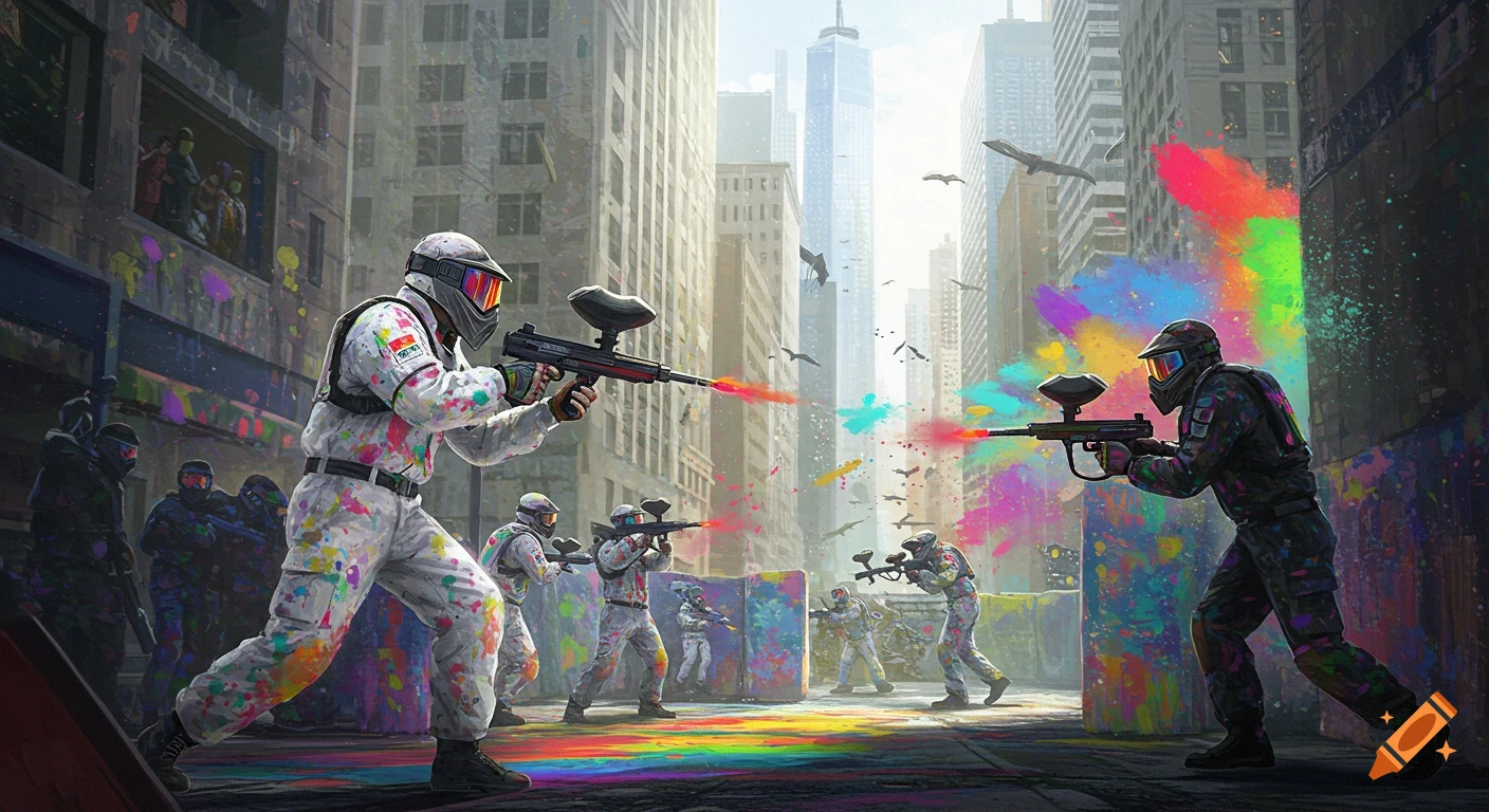 A vibrant street scene depicts two teams engaged in a dynamic paintball fight within a modern city, paint splattering everywhere.