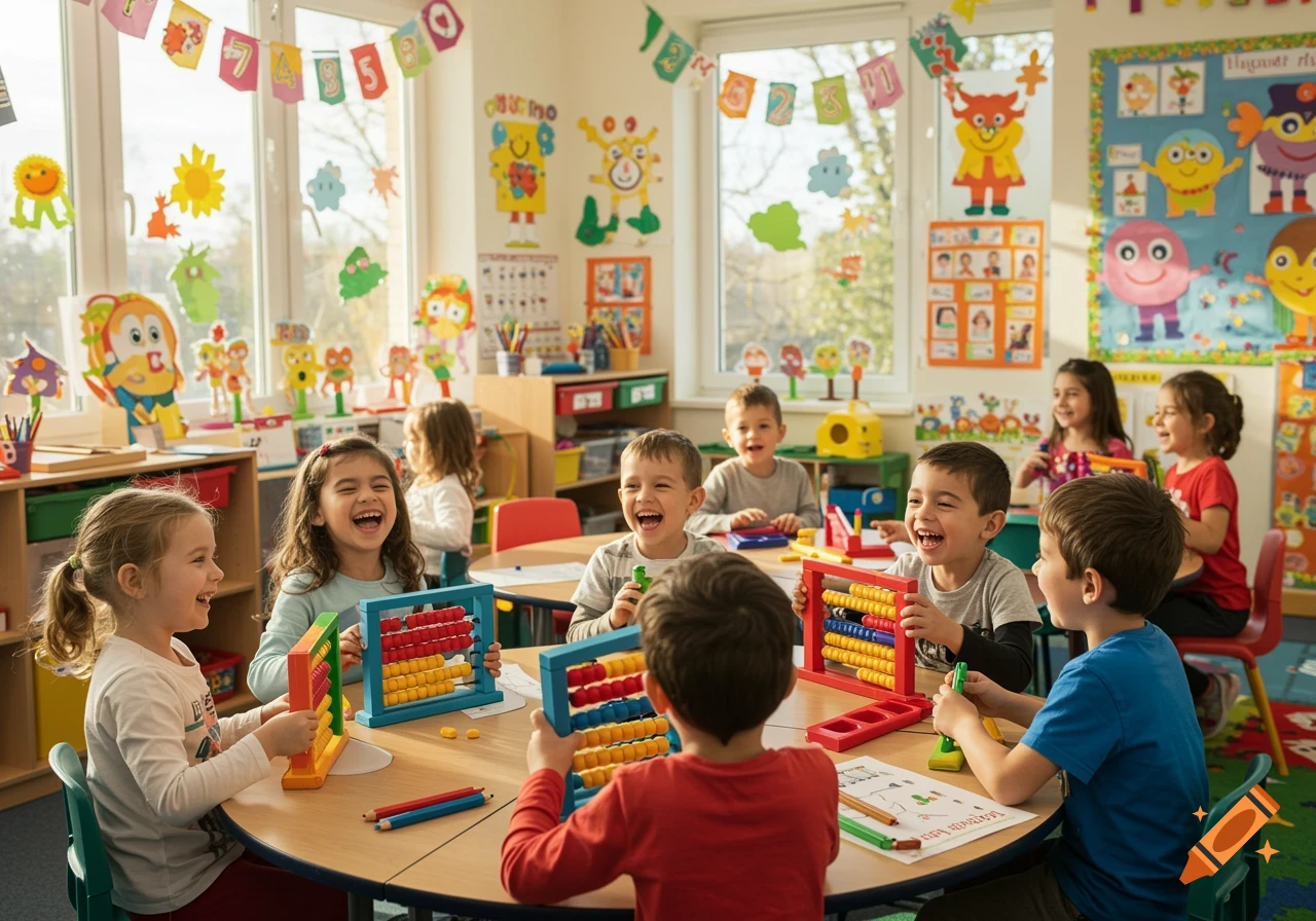 Group of diverse kindergarteners happily playing with colorful abacuses at a round table in a brightly lit classroom.