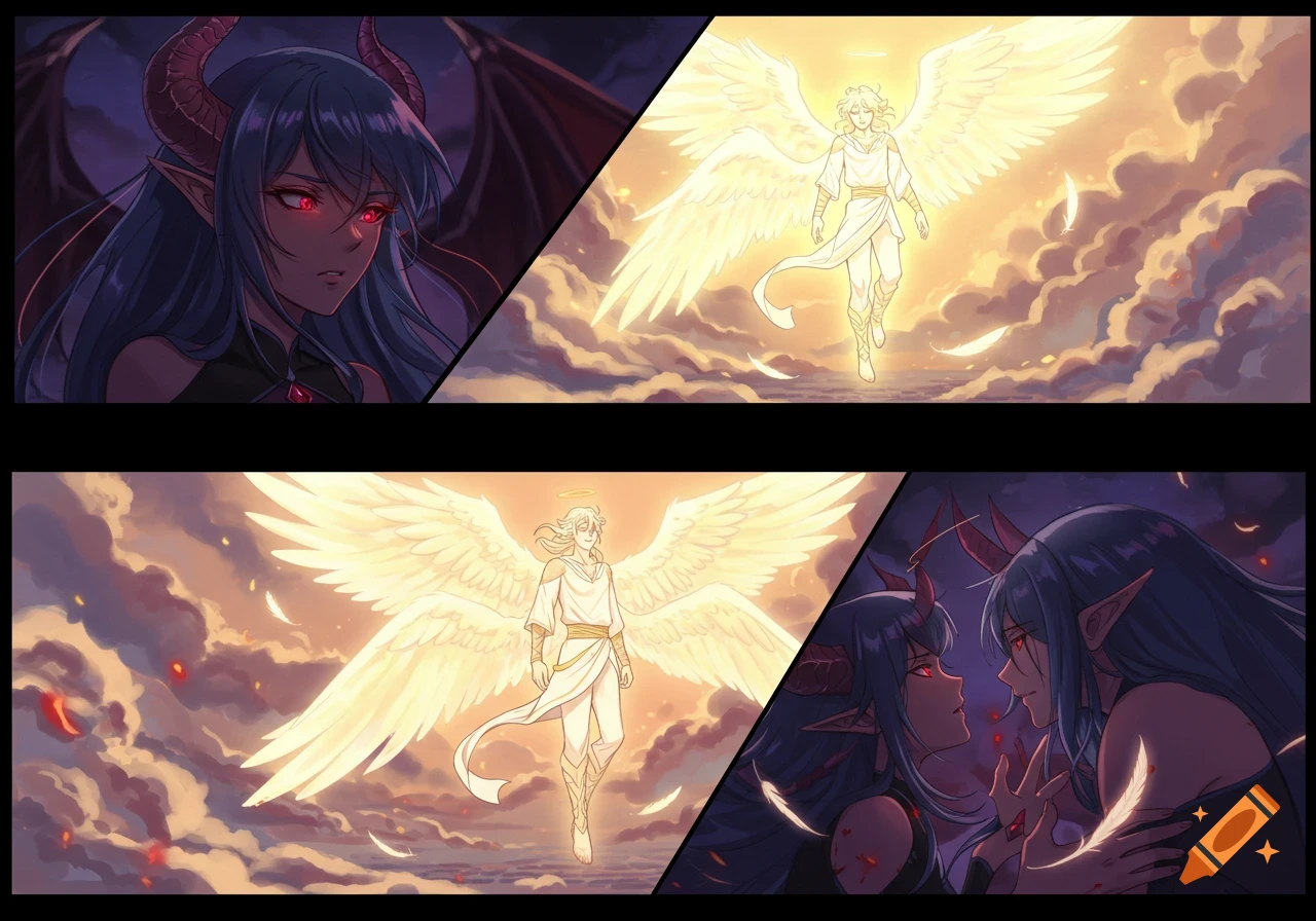 An anime four-panel comic strip showing a demon woman and a glowing angel man, their relationship evolving, ending with a tender moment.