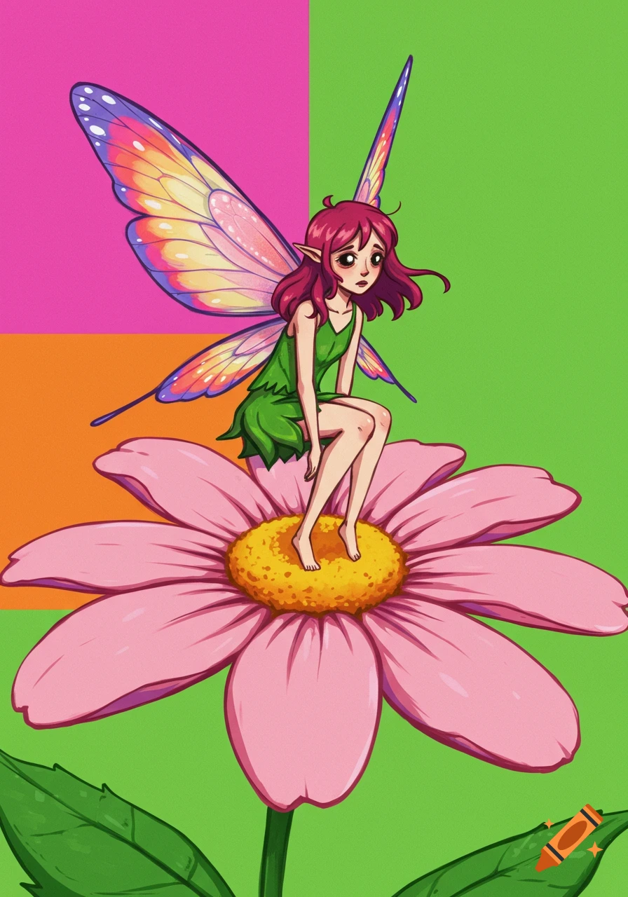 A colorful anime-style fairy with pink hair and rainbow wings sits on a large pink flower against a bright block-colored background.